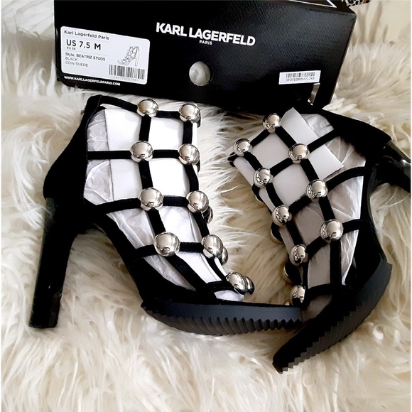 Karl Lagerfeld Paris Cagey Heels Black Leather Silver Pearls Tried on - Picture 2 of 5